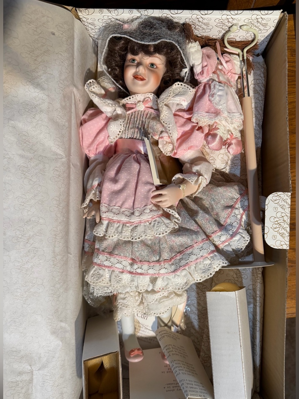 Little Girl with a Curl Porcelain Doll by Franklin Hierloom Dolls in Pink Dress
